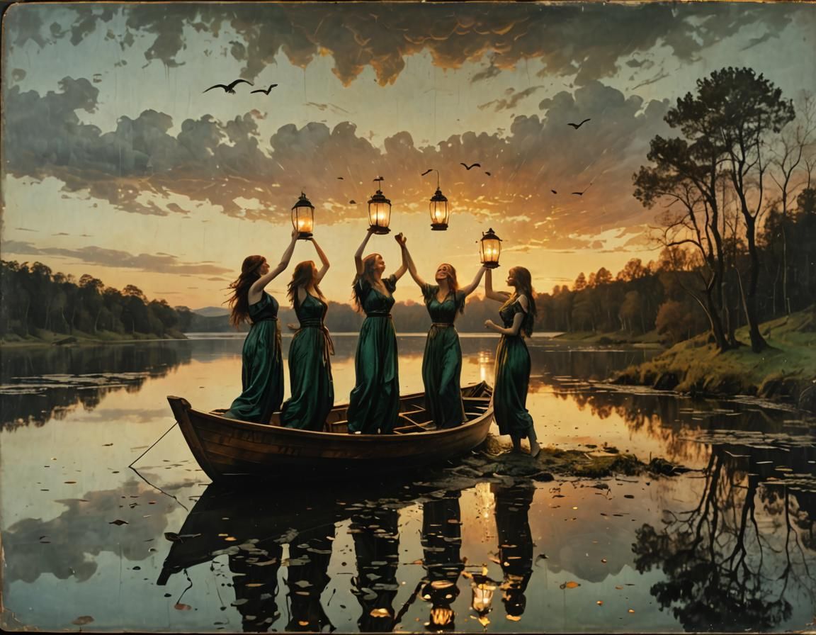 Morass Sirens Reach for Wizard: Romantic Painting