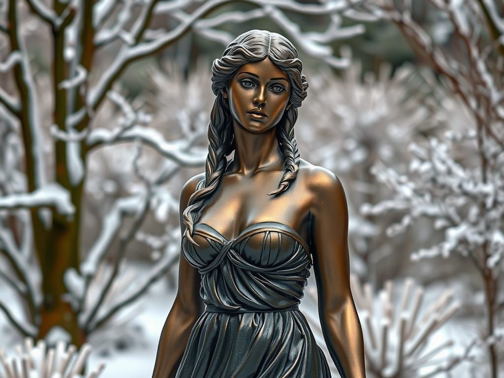 Photorealistic Bronze Goddess Statue in Winter Garden