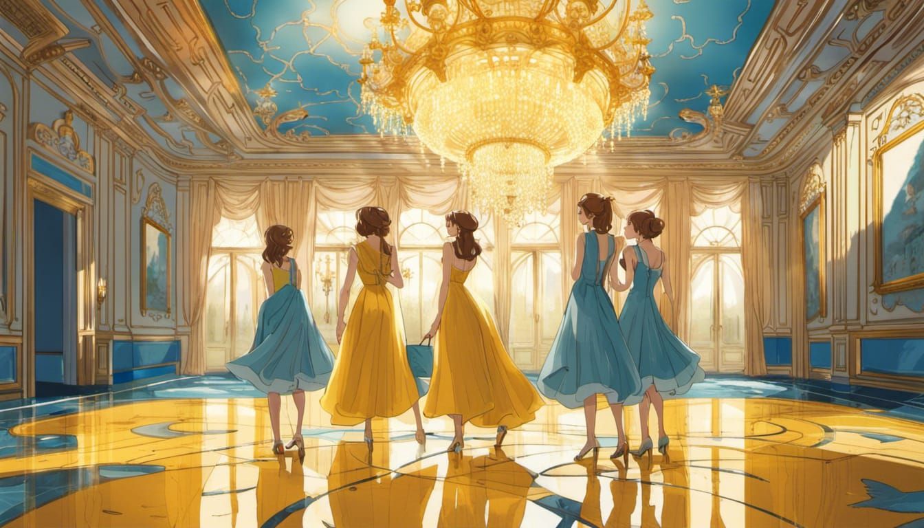 Girls Explore Golden Ballroom in Anime Style