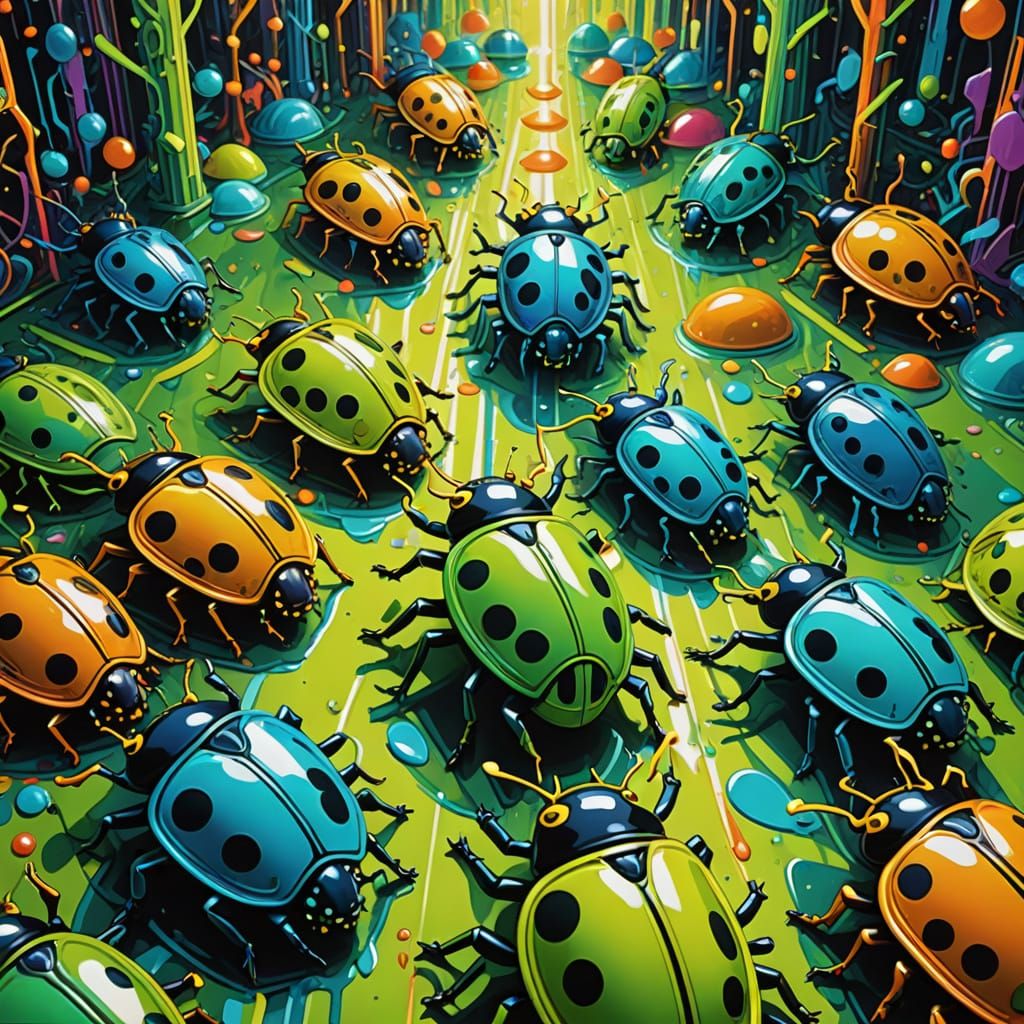 Disco Beetles in Neon Kaleidoscope Mirror Maze