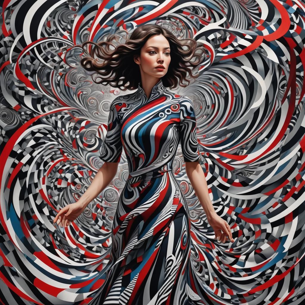 Op Art Woman in Swirling Geometric Patterns