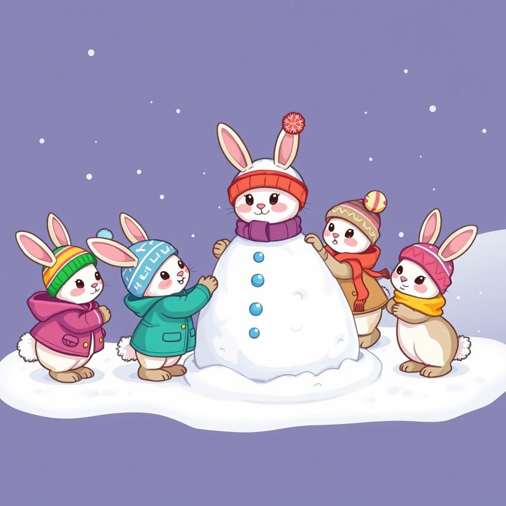 Kawaii Bunnies Build Colorful Snow-Girl