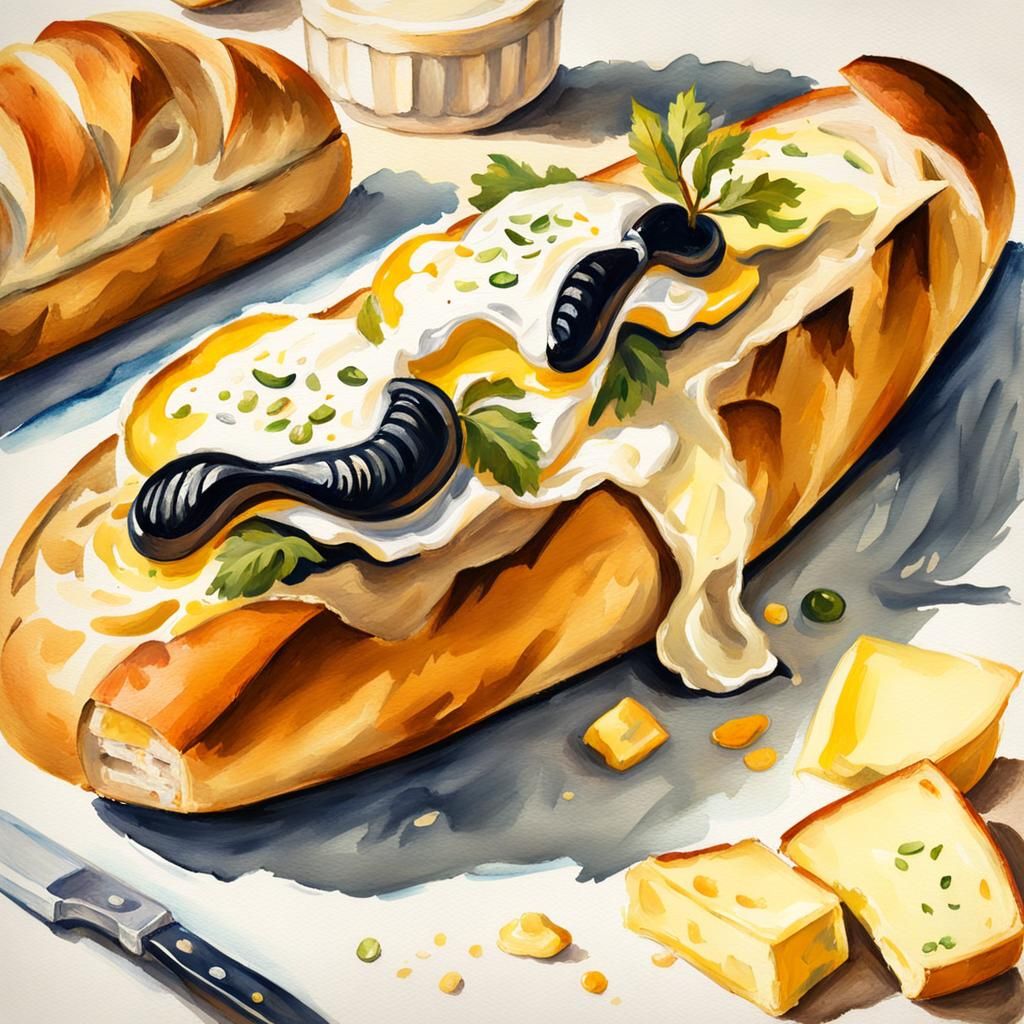 Baguette with Camembert and Moustache in Gouache Style