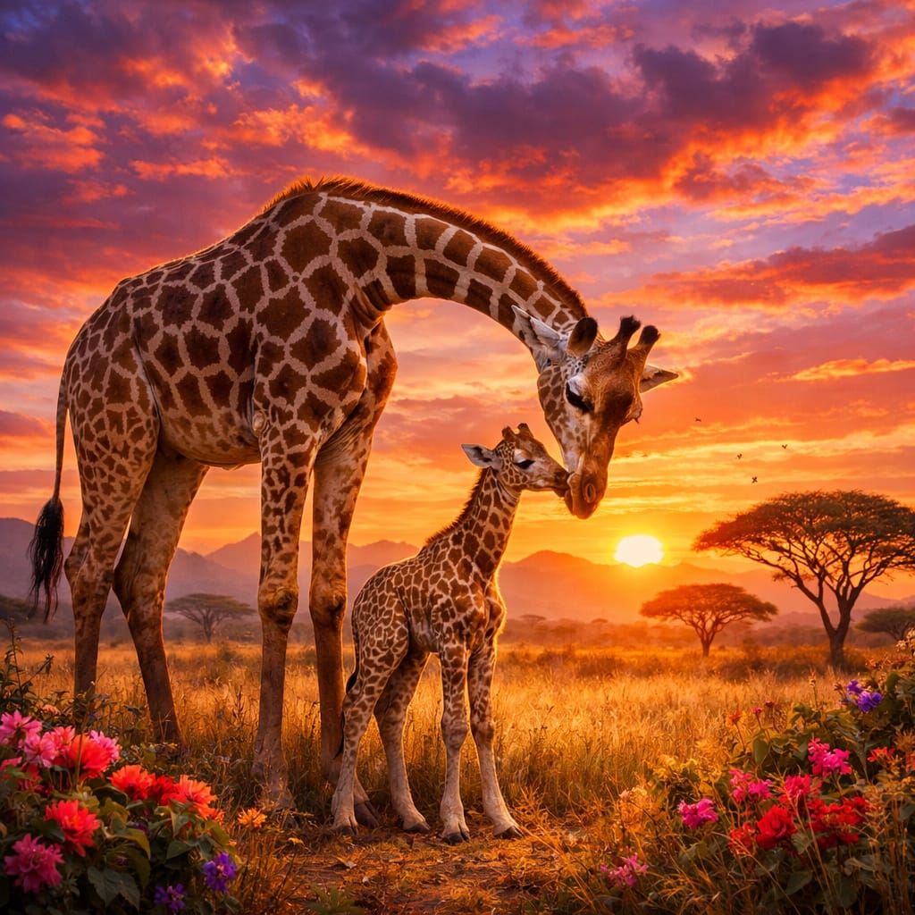 Majestic Giraffe Family in Vivid African Landscape
