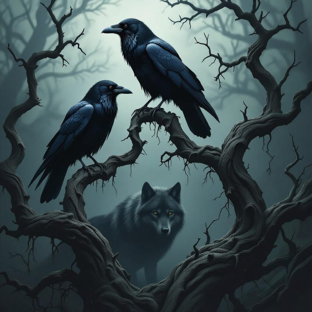 Ominous Ravens in Dark Forest, Hyperrealistic Art