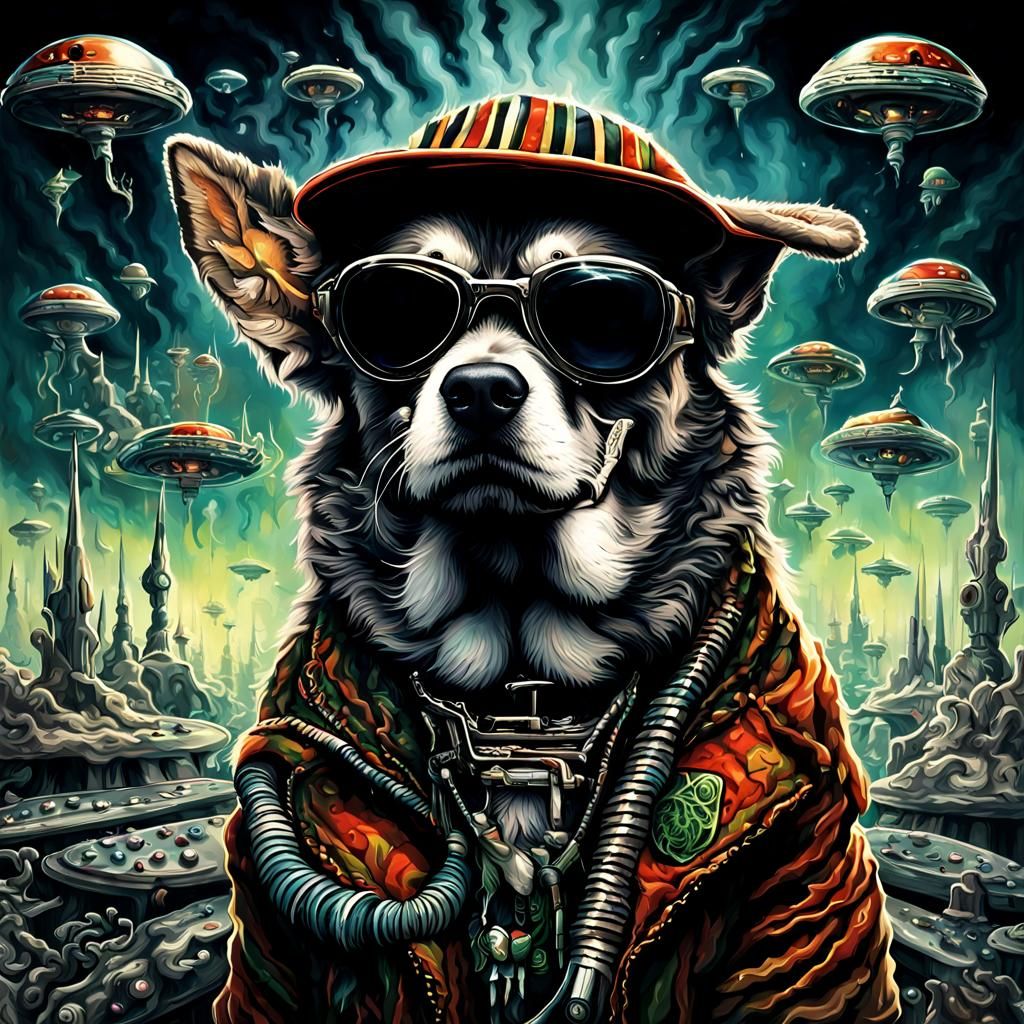 Dog Smoking with UFOs in Hyperrealistic Style