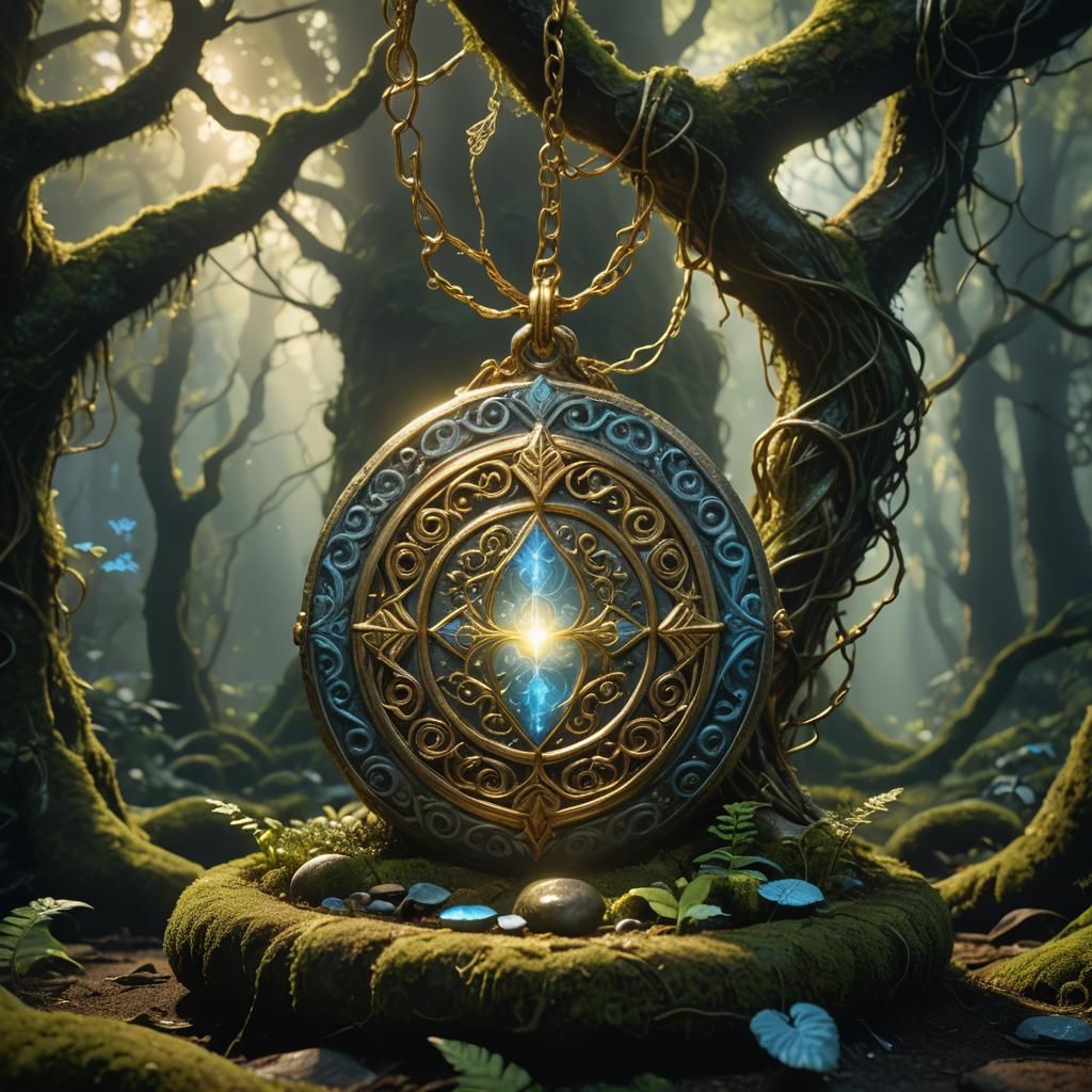 Ornate Golden Amulet in Mystical Forest