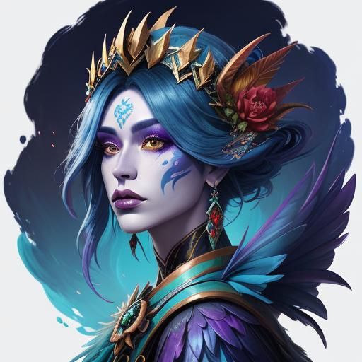 Rainbow Dragon Woman with Flower Crown, Detailed Digital Art