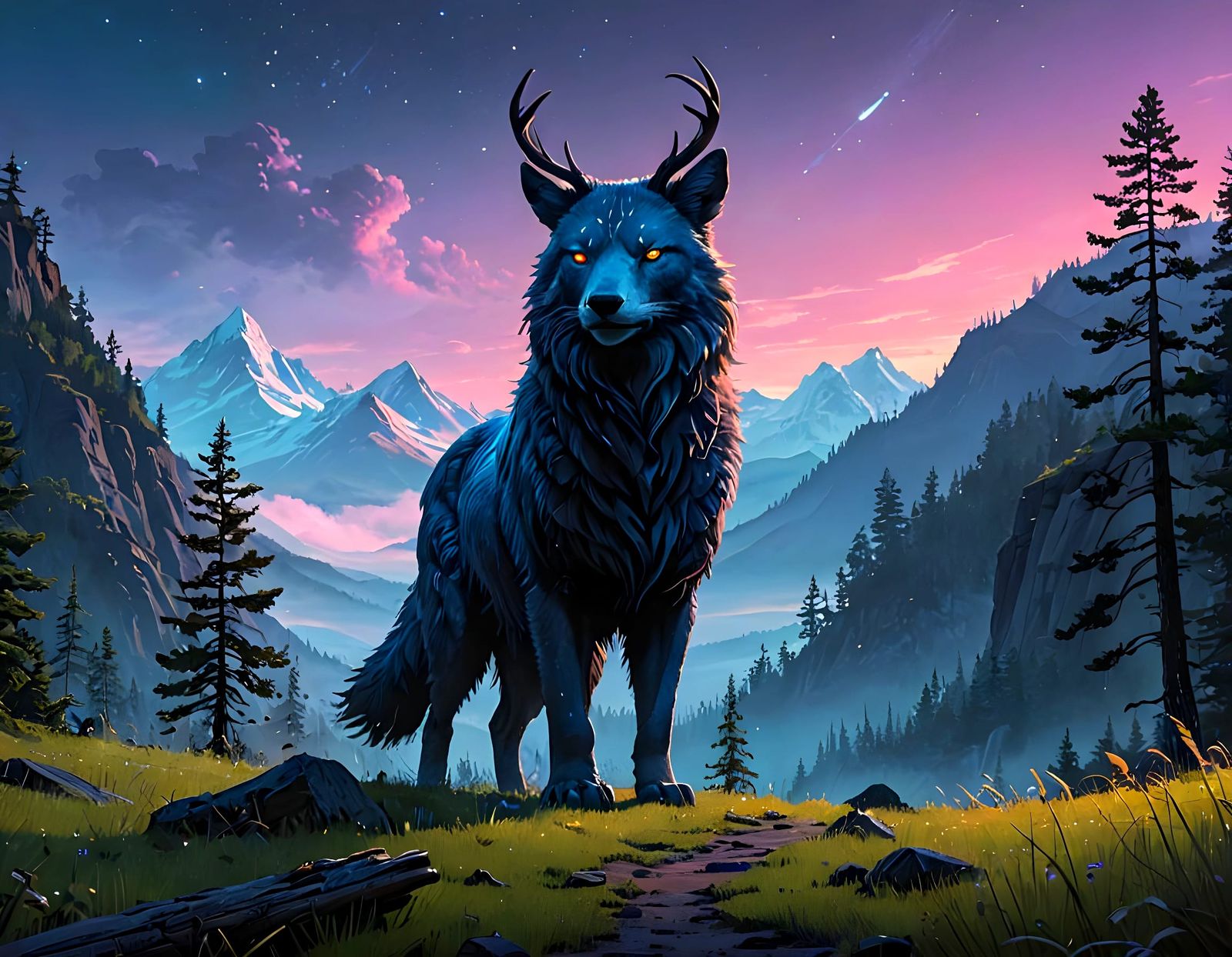 Ethereal Fantasy Creature in Watercolor Landscape