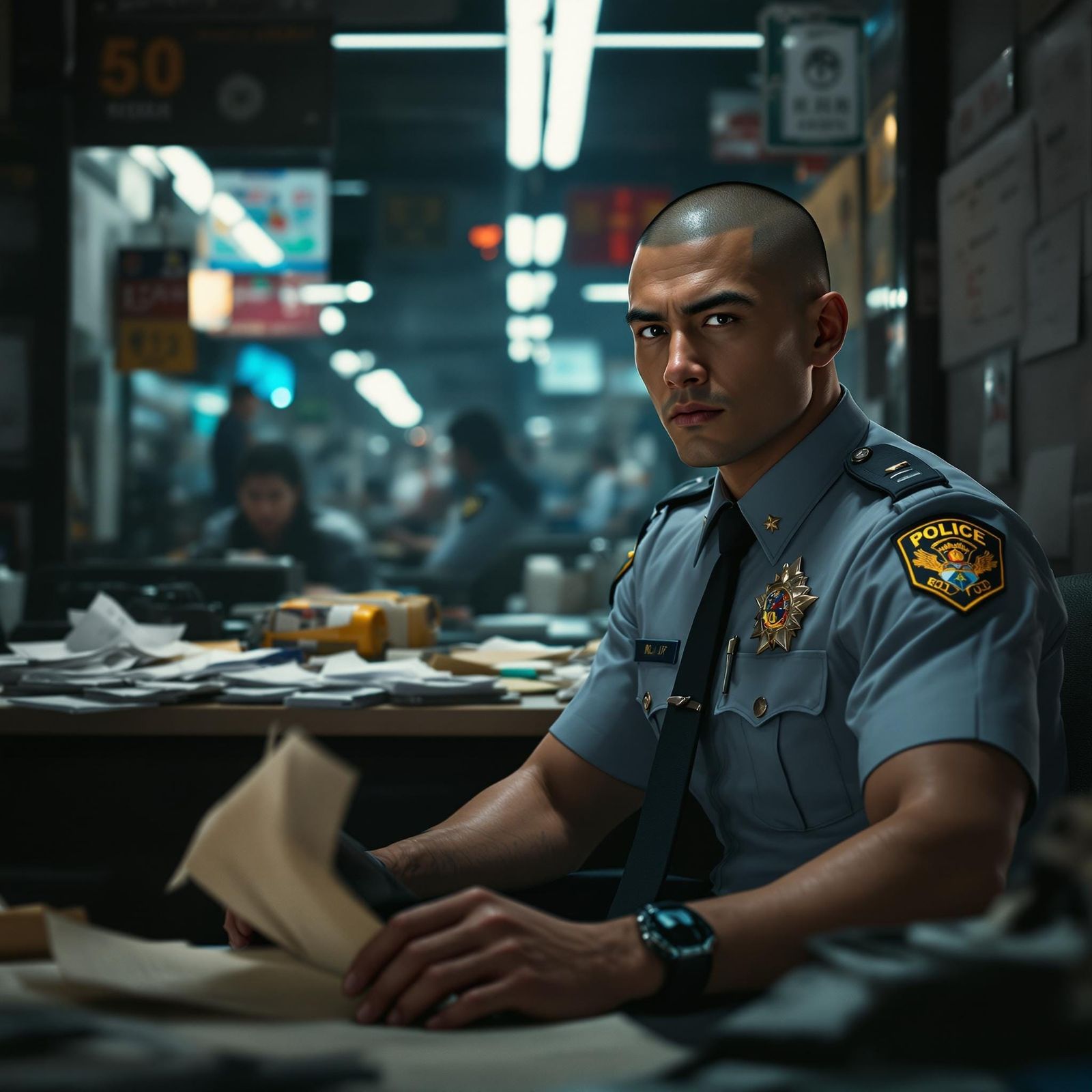 Hyperrealistic Asian Police Officer in Bustling Station