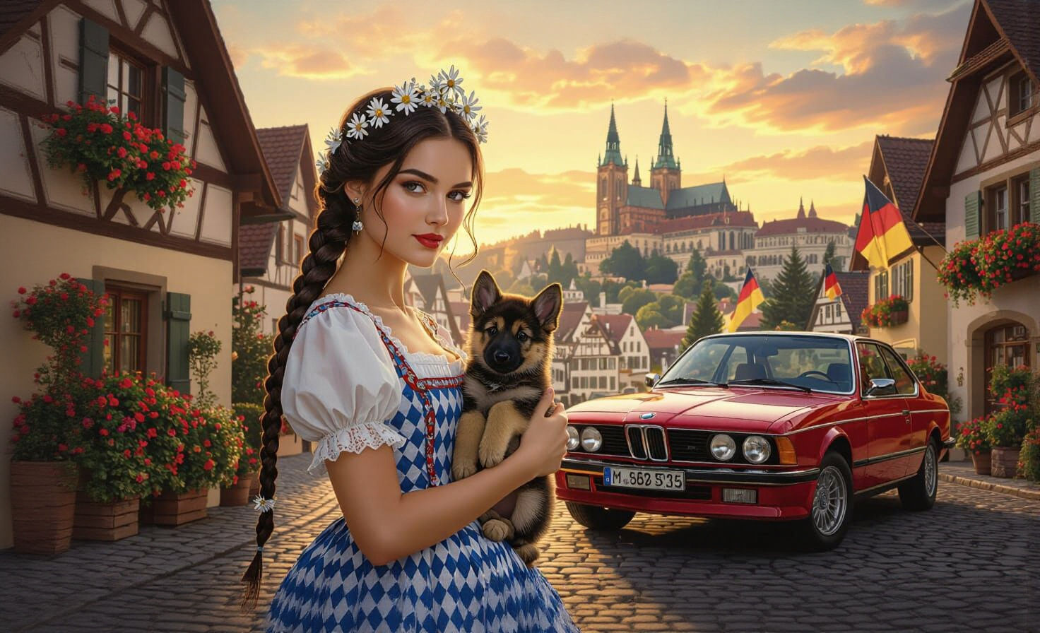 Woman in German Dress with BMW and Puppy