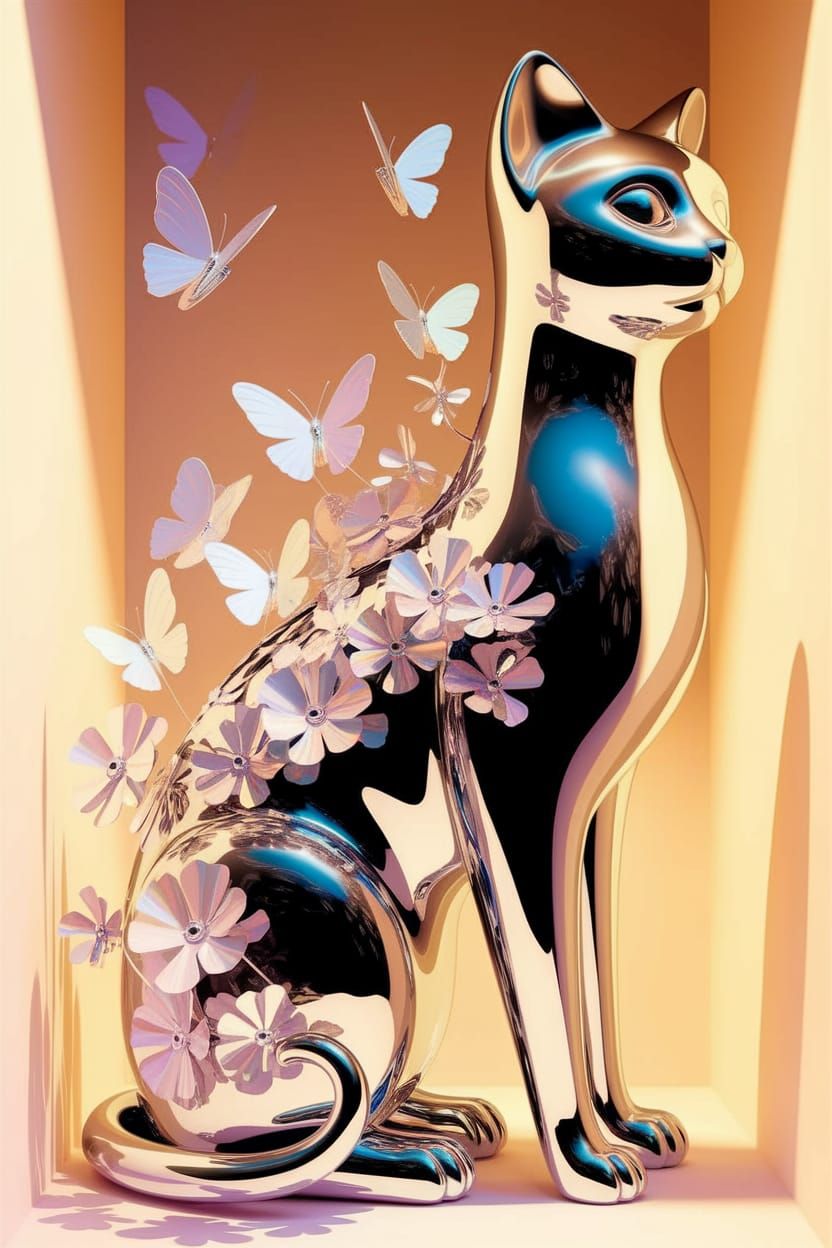 Elegant Chrome Cat Sculpture in Whimsical Garden Setting