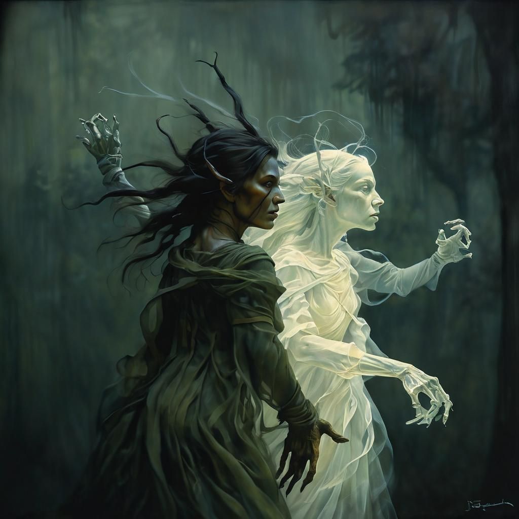 Ethereal Banshee in Double Exposure, Oil Gouache