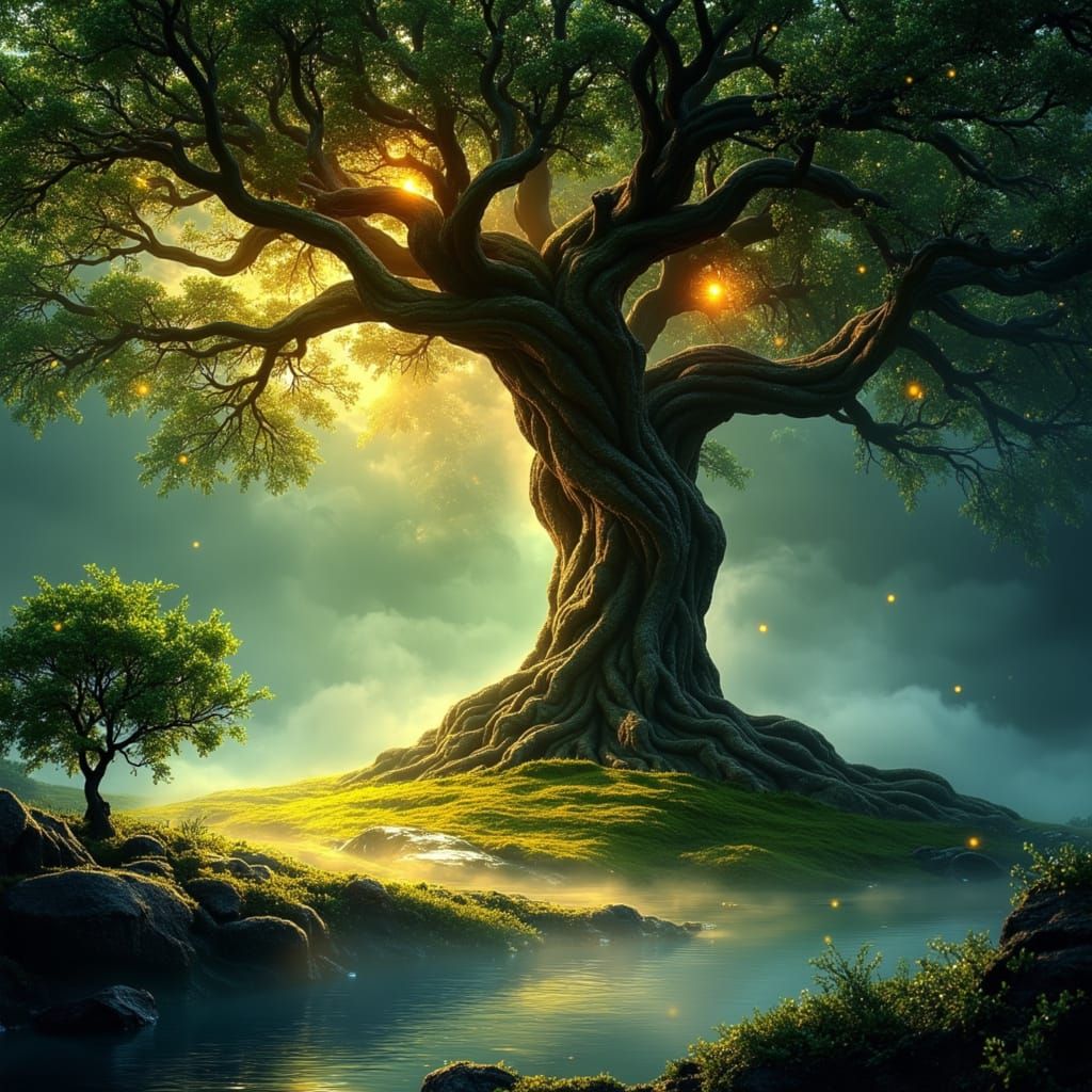 Ancient Tree with Glowing Roots in Ethereal Clearing