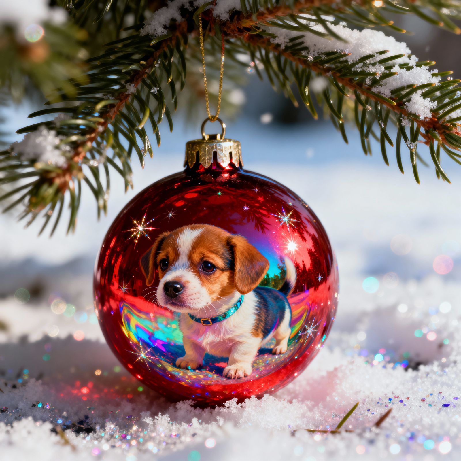 Cute Puppy Reflection in Vintage Christmas Bauble