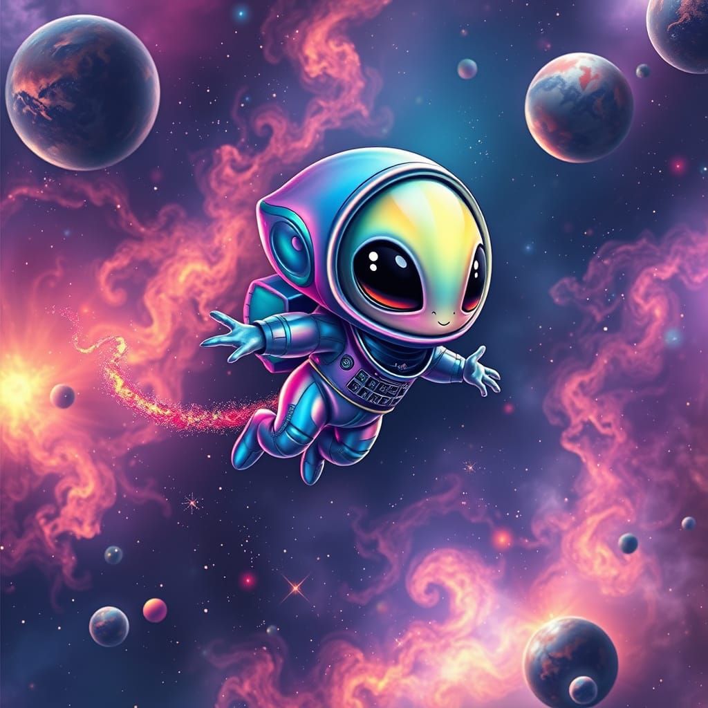 Iridescent Alien Soaring Through Nebula Galaxy