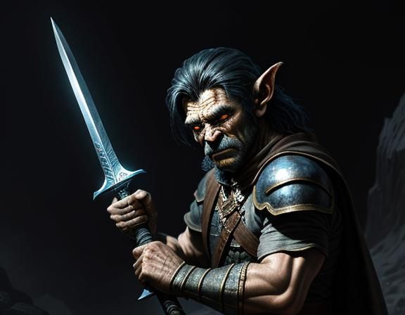 Goblin Warrior in Misty Cave with Glowing Sword