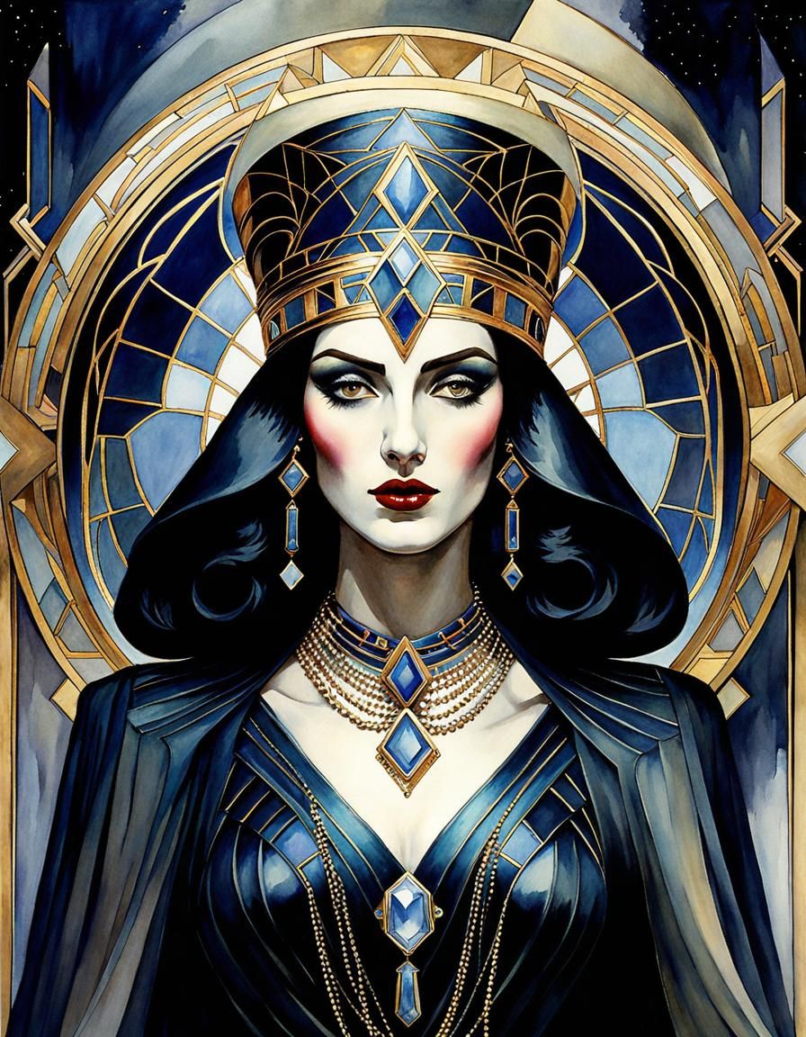 Art Deco Necromancer Witch Portrait in Watercolor