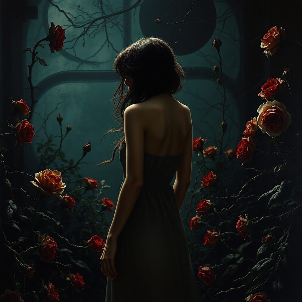 Melancholic Woman in Neglected Garden