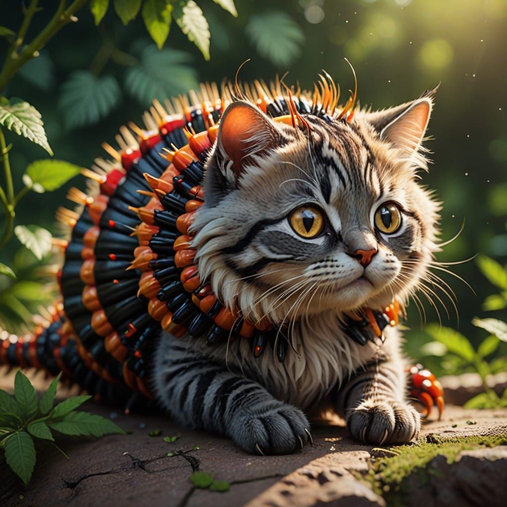 Whimsical Feline Centipede in Art Nouveau Style