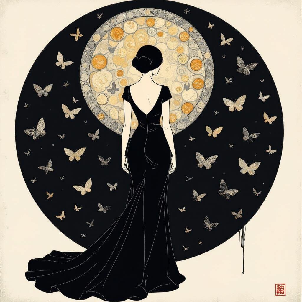 Woman in Silhouette with Grey Butterflies