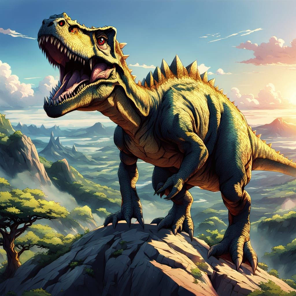 Anime Dinosaur on Cliff in Manga Style