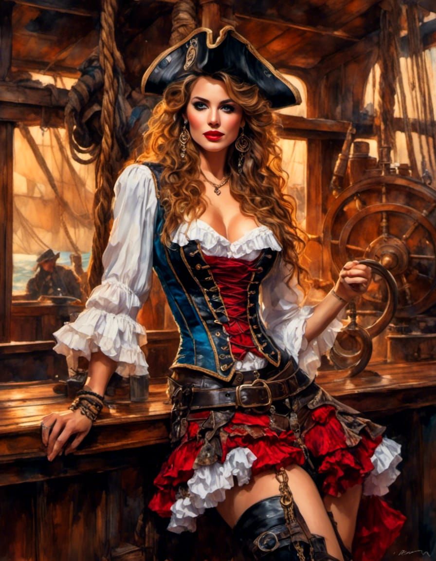 Pretty Pirate Wench in Hyperrealistic Gouache Painting