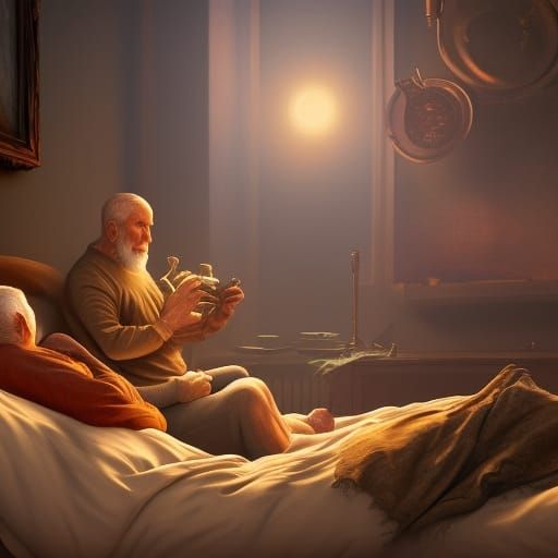 Detailed Matte Painting of Old Men in Bed