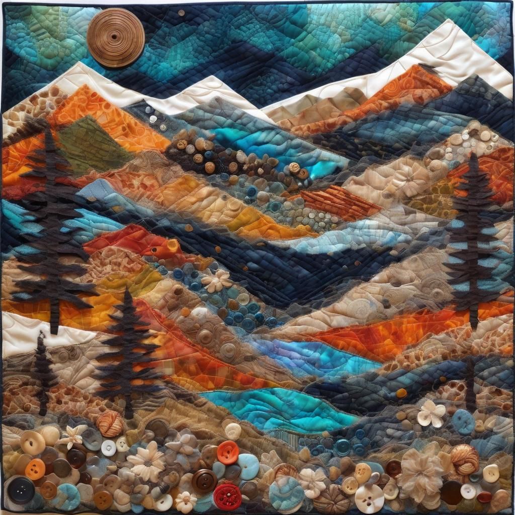 Mountainscape Fabric Art Quilt with Mixed Media Elements