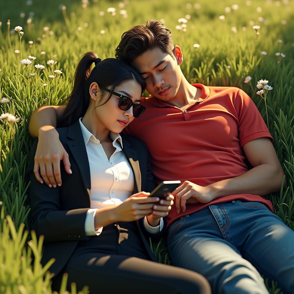 Couple Relaxing on Grass in Atmospheric Matte Painting
