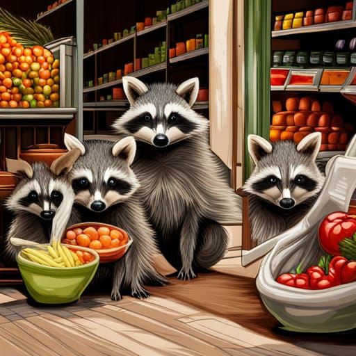 Raccoons Robbing Grocery Store Produce Aisle
