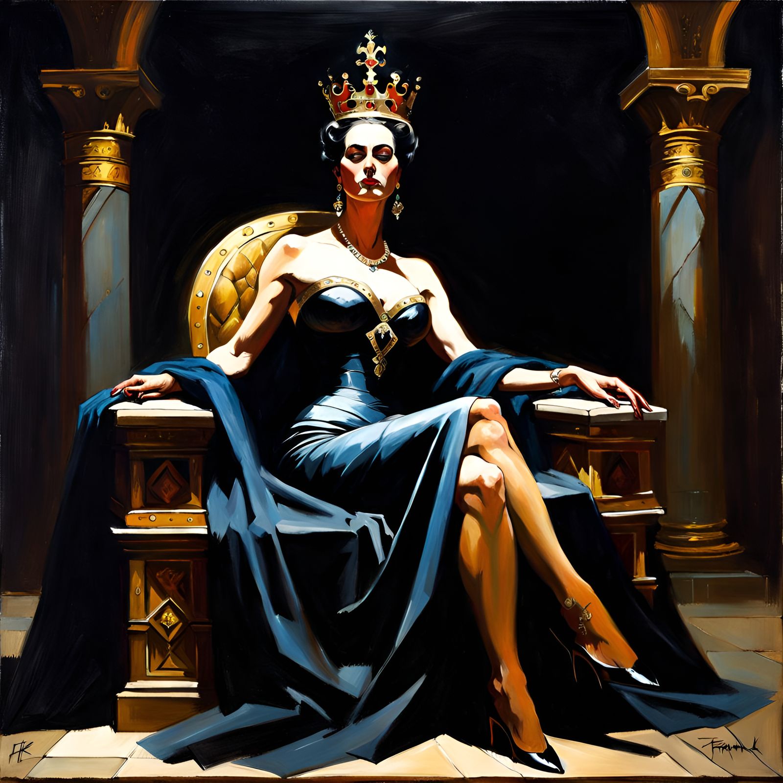 Solemn Queen in Dark Room: Oil Painting