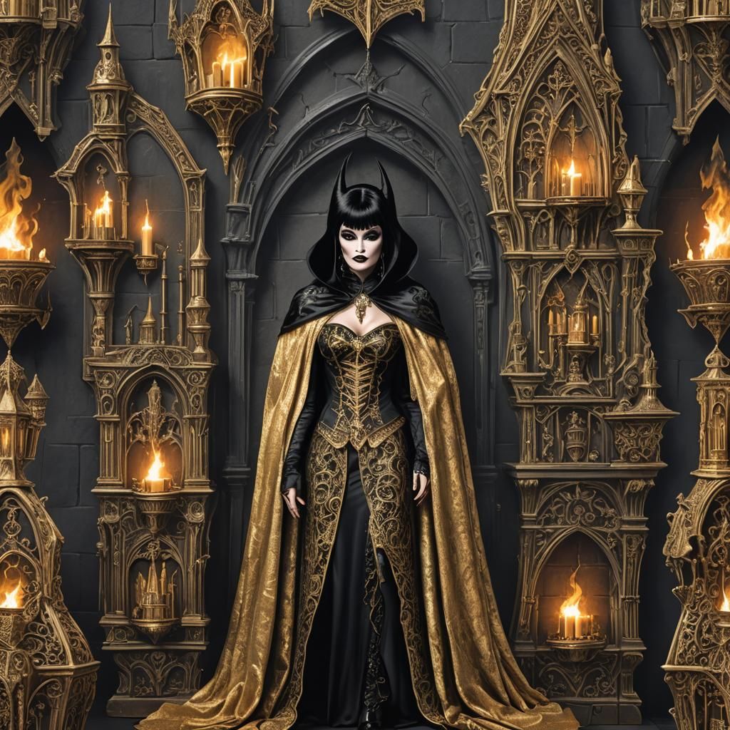 Elvira and Vampire Coffin in Macabre Ambiance