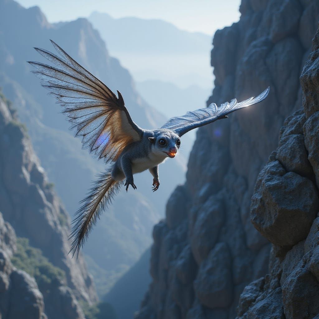 Glowing Avian Glider Soars Over Alpine Cliffs in Hyper-Reali...