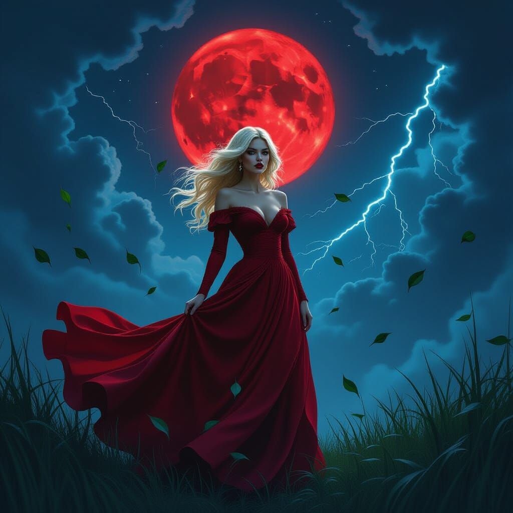 Witch Under Blood Moon With Lightning In Dark Fantasy Style