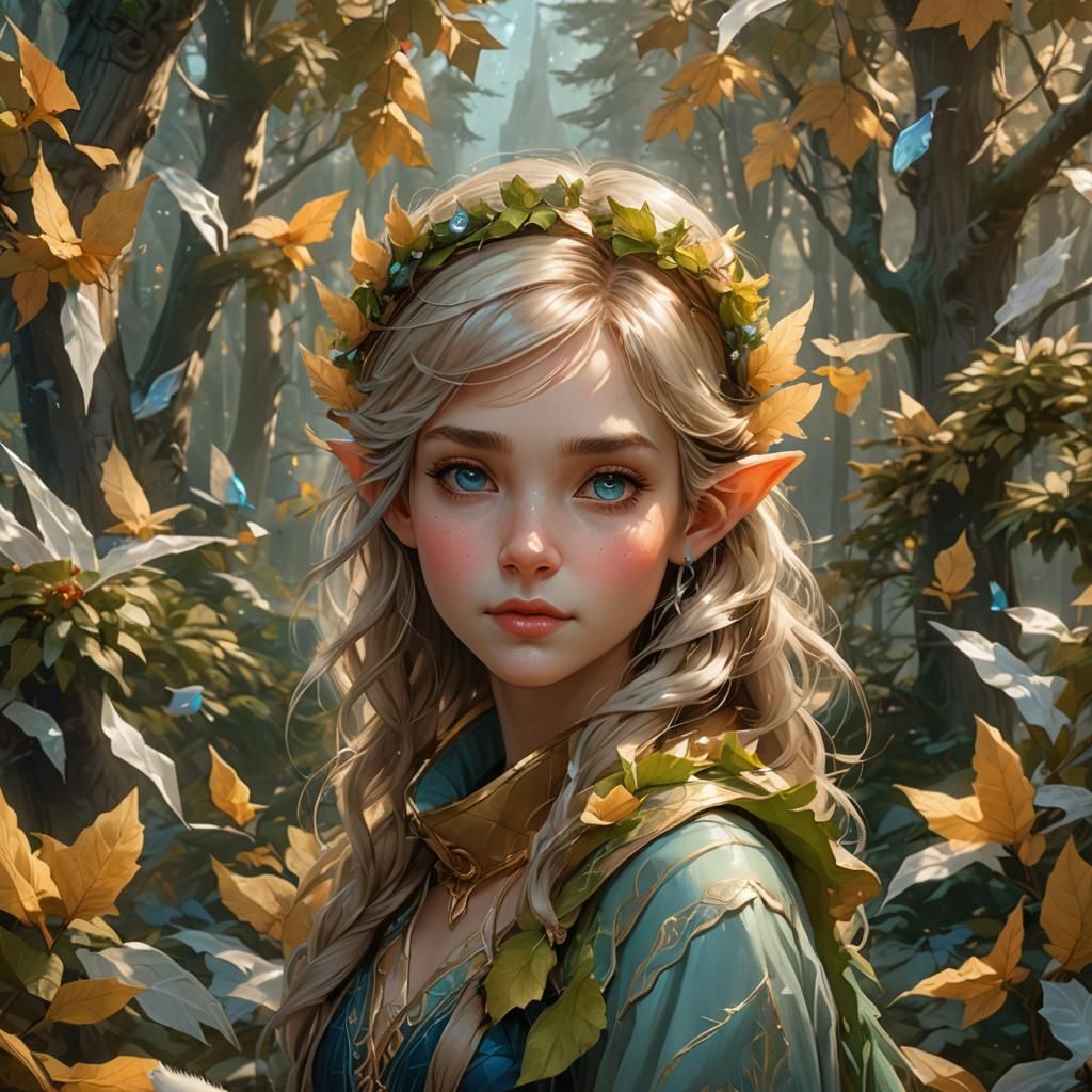 Elf Girl with Polar Bear in Winter Forest
