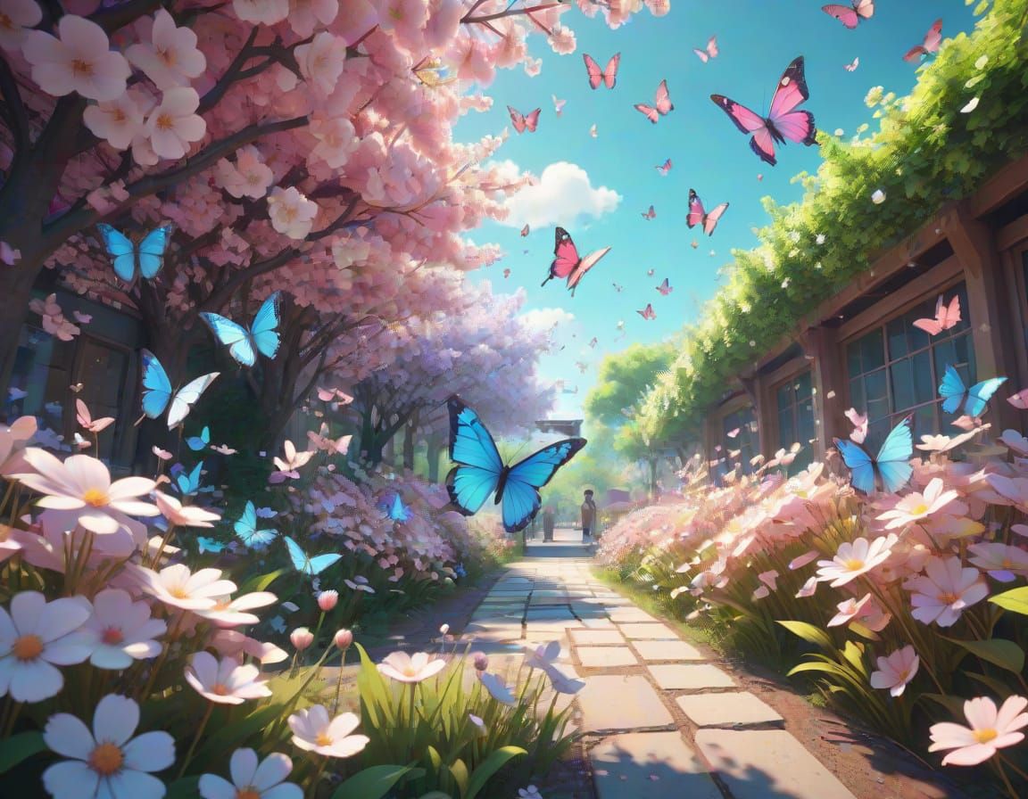 Surreal Anime Butterflies Dance in Vibrant Flower Garden
