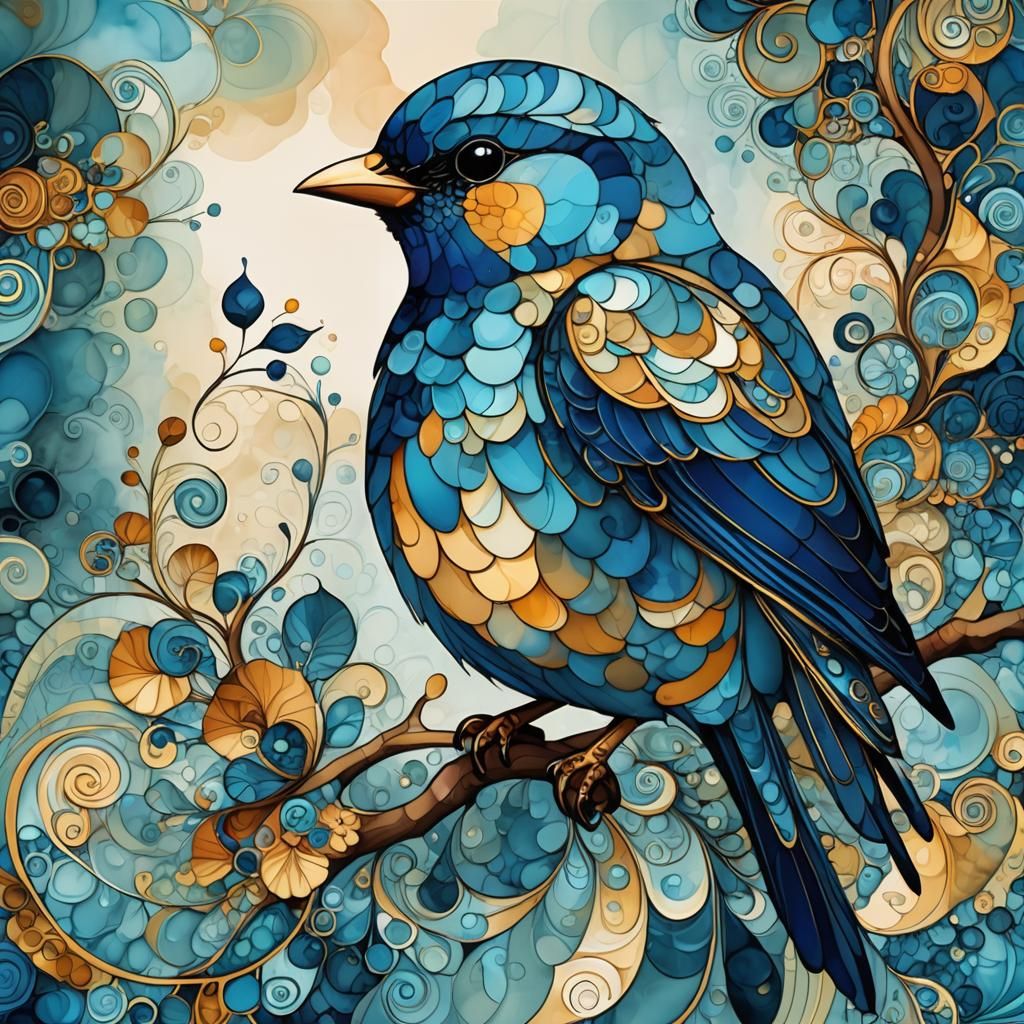 Whimsical Bluebird Resting: Cubist Alcohol Ink Art