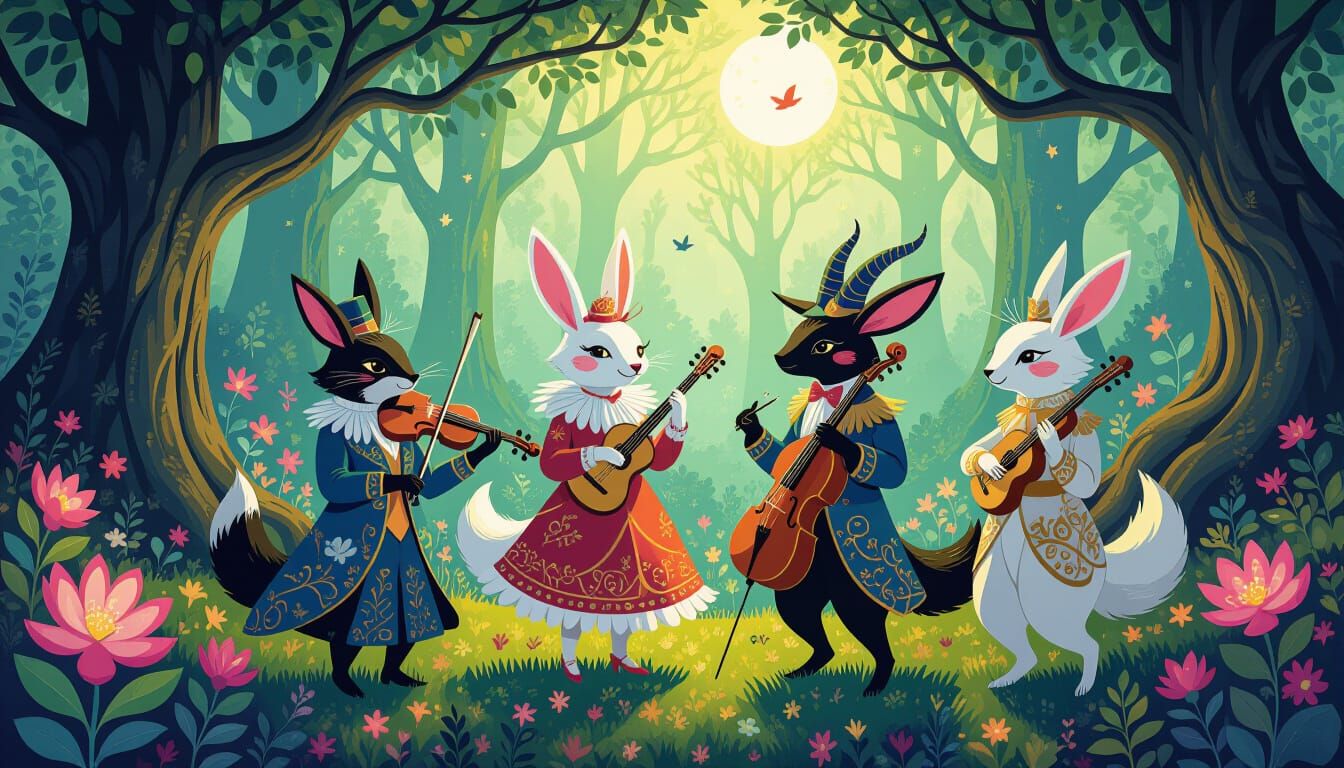 Whimsical Animals' Forest Concert in Expressionist Style