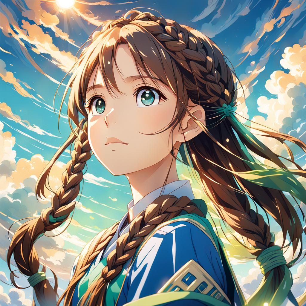 Anime Girl Gazing at Cobalt Canvas in 3D Style