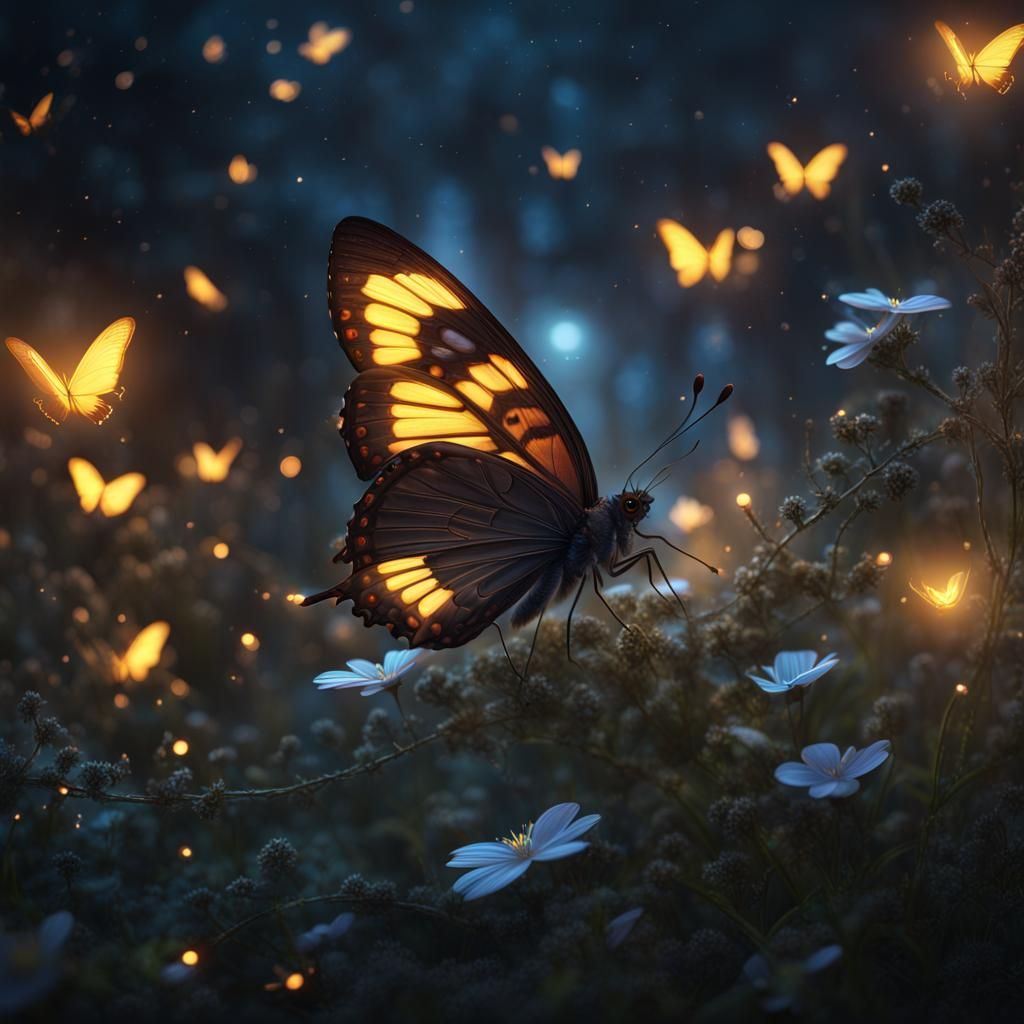 Glowing Butterfly Among Fireflies: Detailed Matte Painting