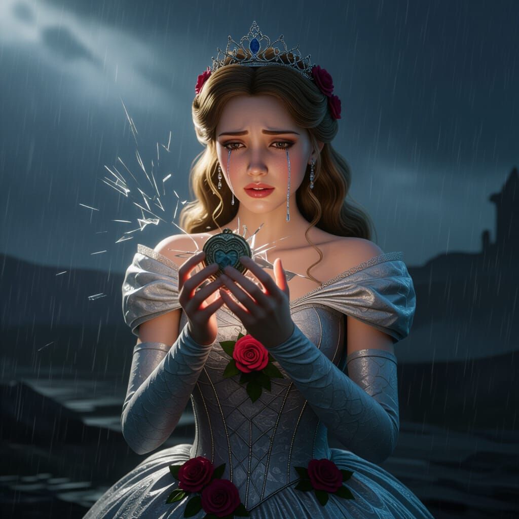 Princess with Broken Heart in Stormy Landscape