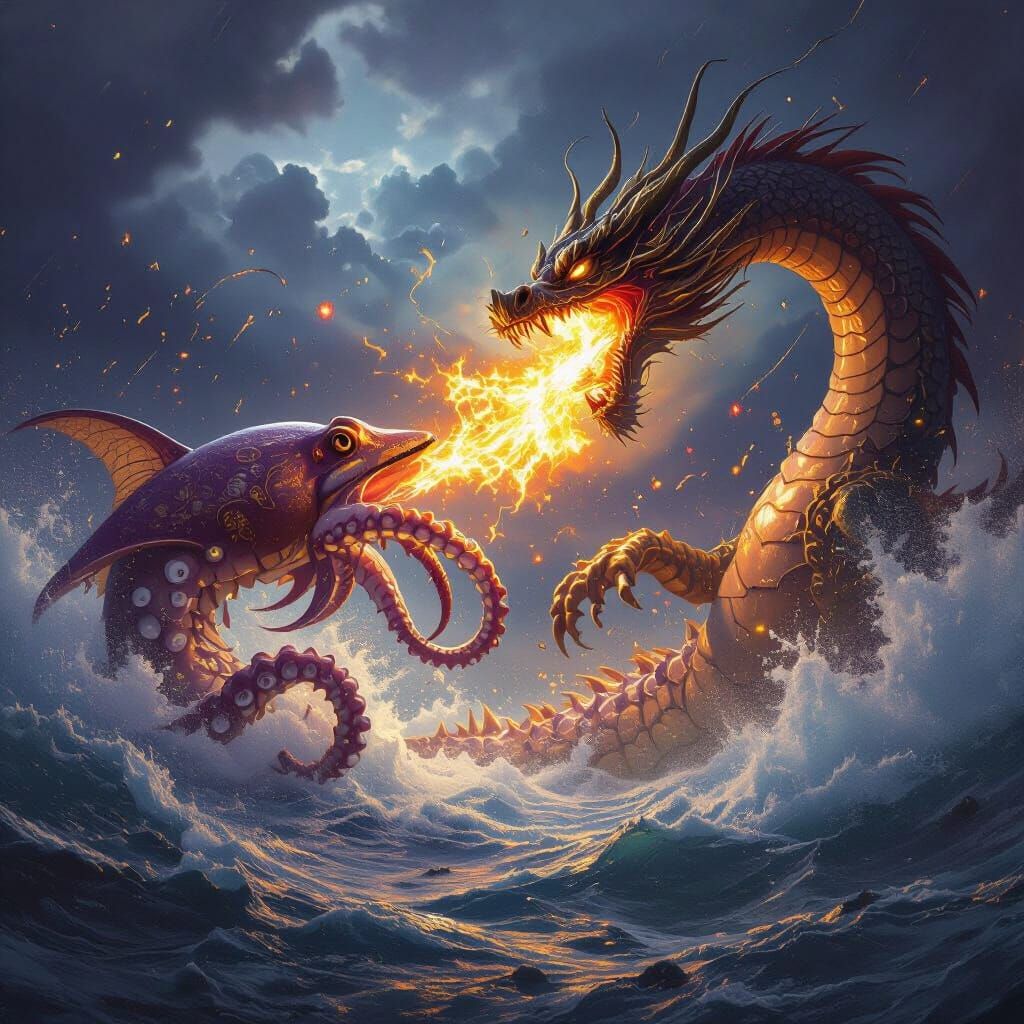 Epic Battle: Squid vs Dragon in Dark Fantasy Art