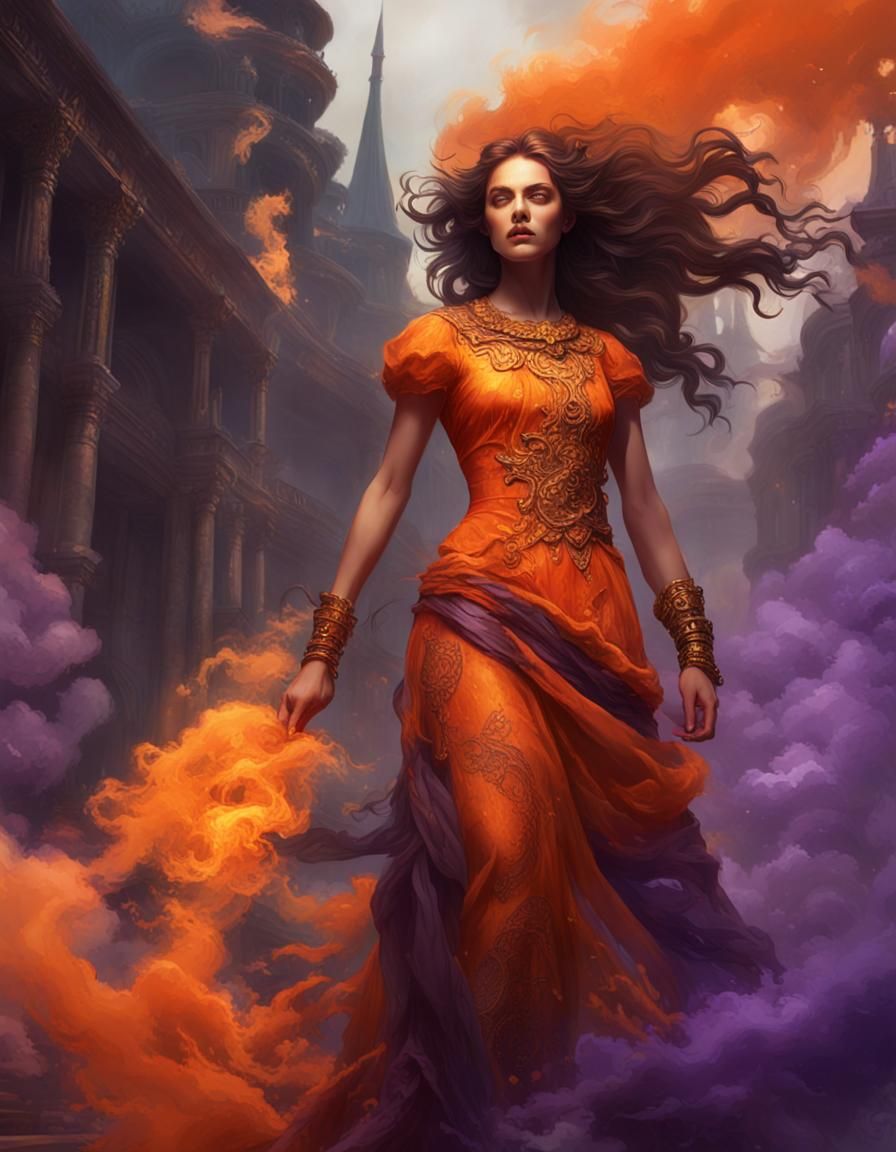 Woman in Orange Smoke Dress: Dark Fantasy Art