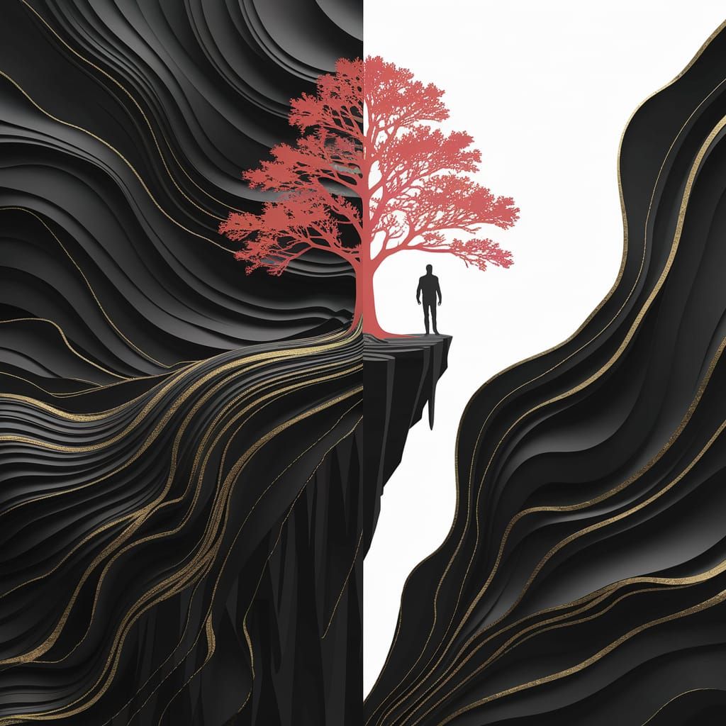 Figure on Cliff with Flowing Textures and Red Tree