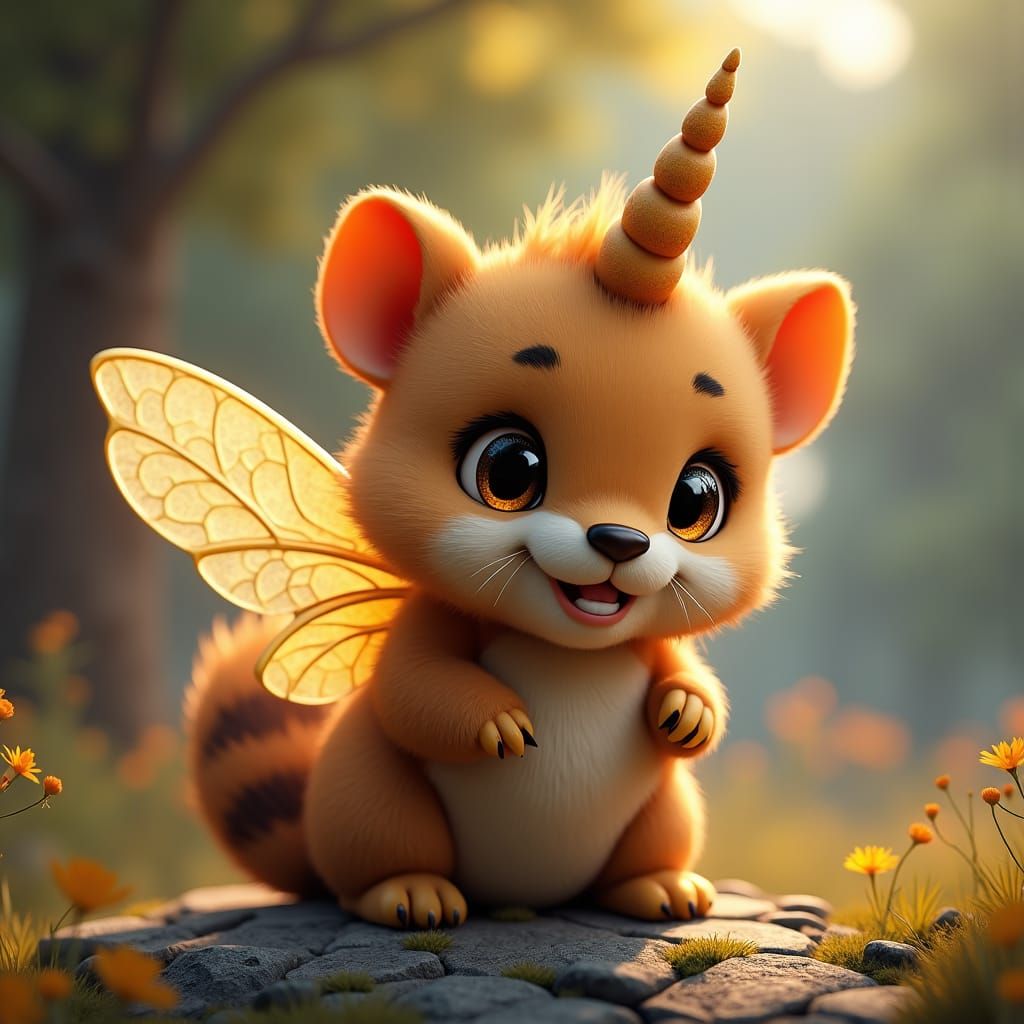 Adorable Hybrid Cub with Bee Wings and Unicorn Horn