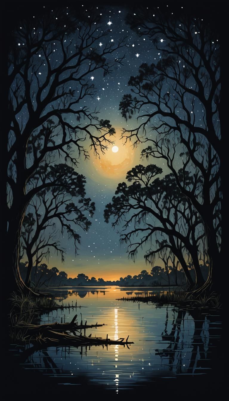 Louisiana Bayou Night Sky Reflected in Still Water