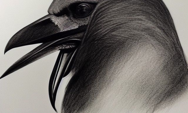 Hyperdetailed Charcoal Drawing of Crow with Crown