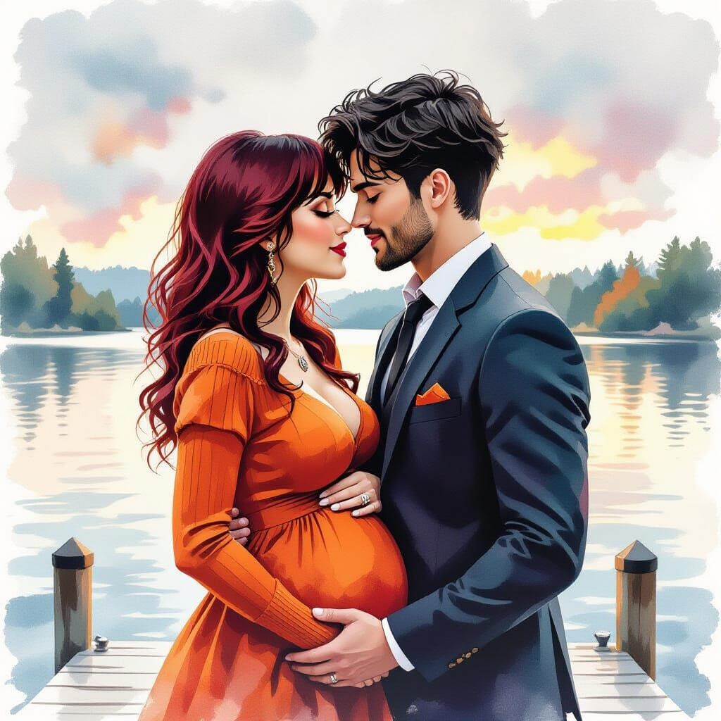 Pregnant Couple Kissing on Dock in Watercolor Style