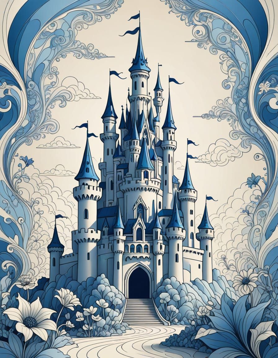 Surreal Blue Line Drawing of Pixie Castle and Sunshine